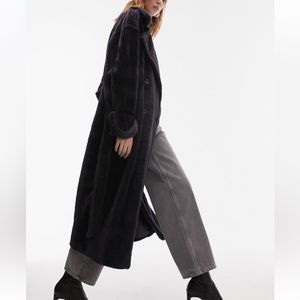 Topshop Fluffy Faux Fur Black Trench Longline Coat Navy Blue S 4-6 New